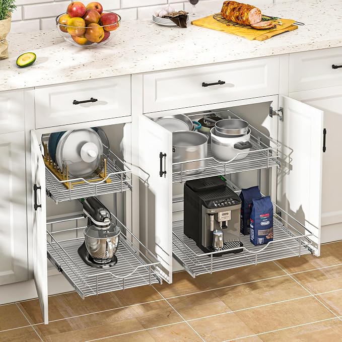 WelFurGeer 2-Tier Kitchen Cabinet Pullout Shelf and Drawer Organizer, Soft Close Pantry Pull Out Shelves, Heavy Duty Pull Out Cabinet Organizer with Shelf Liner for Kitchen Cabinets, Pantry Storage - Image 2