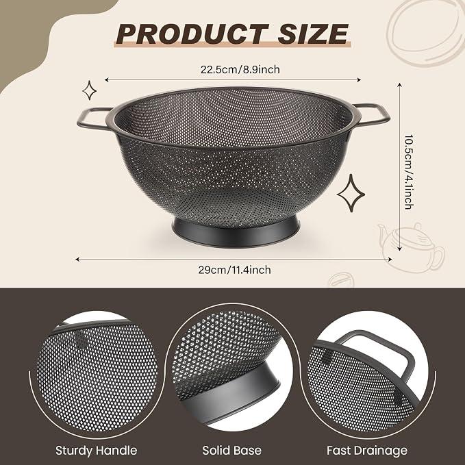Norme 4 Quart Stainless Steel Black Colander and 3 Pcs Black Fine Mesh Strainer, Stainless Steel Pasta Rice Food Metal Strainer with Handles, Easy Clean and Dishwasher Safe - Image 2