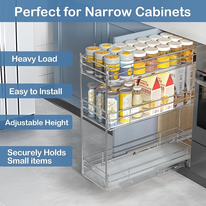 ROOMTEC Pull Out Spice Rack for Narrow Cabinet (6" W X 20½" D),3 Tier Heavy Duty Sliding Spice Cabinet Organization Shelf Racks, Pull Out Shelves Under Cabinet Storage for Kitchen - Image 2