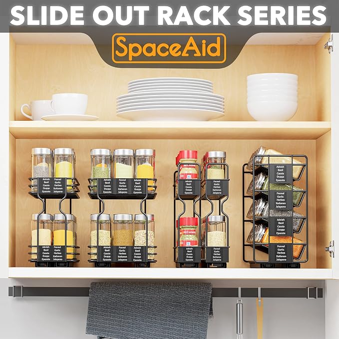SpaceAid Pull Out Spice Rack Organizer with 20 Jars, Heavy Duty Slide Out Seasoning Organizer for Kitchen Cabinets, with 801 Labels and Chalk Marker, Left Facing - Image 6