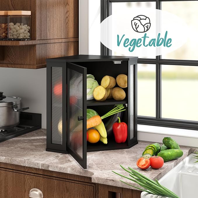 Corner Bread Box, Large Bamboo Bread Box for Kitchen Countertop, 2 Tier Wooden Bread Storage, Black - Image 9