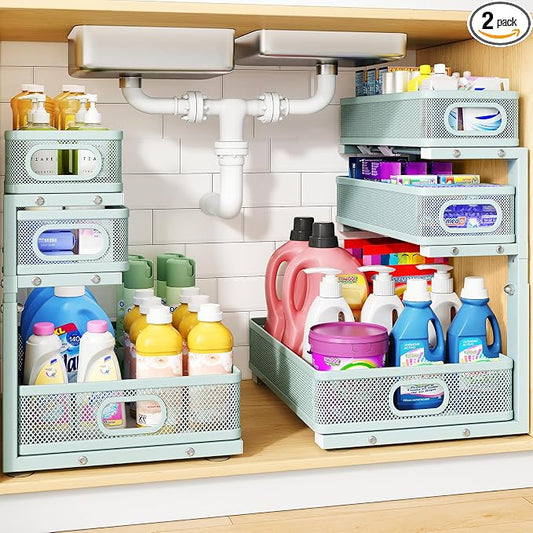 Under Sink Organizer, 3-Tier Thickened Metal Pull out Cabinet Organizer Shelf, Height Adjustable Slide out Storage Drawer Rack for Kitchen Bathroom Pantry Laundry Home, 2-Pack, LightBlue | 35% Extra Storage Capacity, Carbon Steel, Hold Up 55lbs, Suctio... by HERJOY