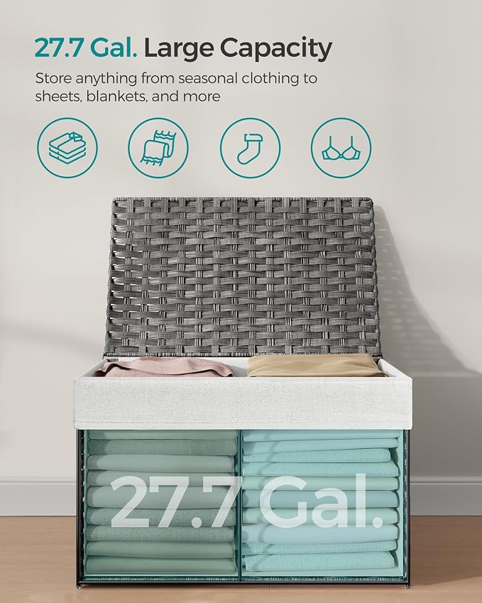 SONGMICS Storage Basket with Lid, Woven Blanket Storage Bin with Handles, Foldable, Removable Liner, Metal Frame, for Bedroom, Laundry Room, 27.7 Gallons (105 L), Gray URST066G01 - Image 8