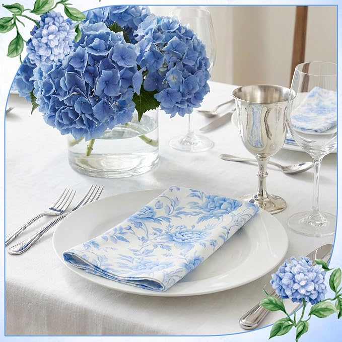 12 Pcs Floral Cloth Napkins 6 Patterns Washable Dinner Tea Party Napkins Reusable Plant Flowers Square Napkin Cotton Towel Decorative for Summer Wildflower Party(Blue Hydrangea) - Image 7