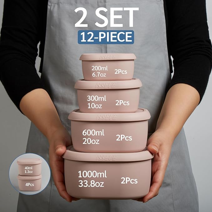 ISSEVE 12Pcs/Set Nesting Silicone Food Storage Containers with Lids | BPA-free, Reusable, Meal Prep Containers, Small Freezer Portions, Dishwasher Cleaning, Nested Cabinet Storage, 5 Sizes, Pink - Image 2