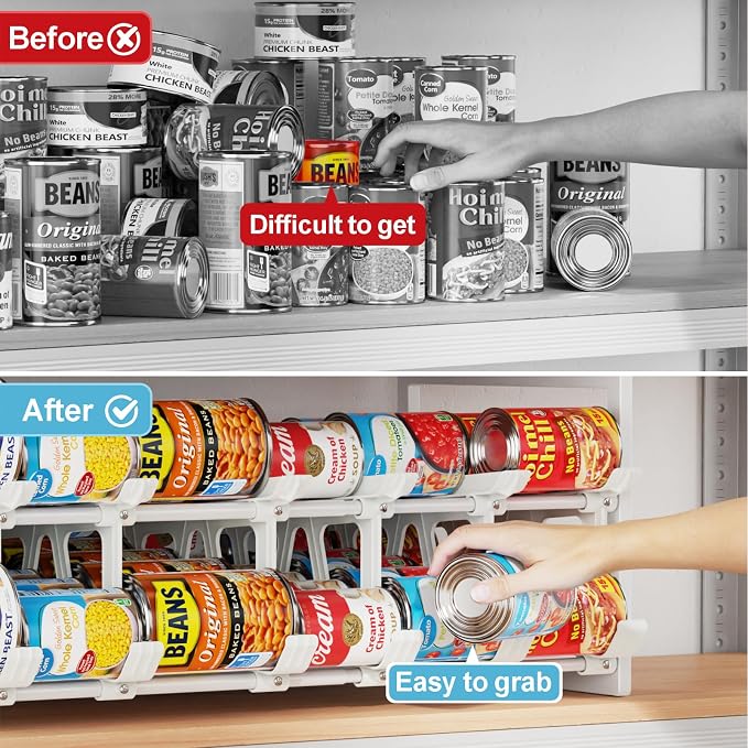 Pantry Can Organizer - Auto-Rolling, Expandable, Holds 120 Cans | White, Stackable For Walk-in Deep Pantry Shelve, Adjustable Width for Food Cans, Sturdy Metal Frame, Easy Access & Restocking - Image 8