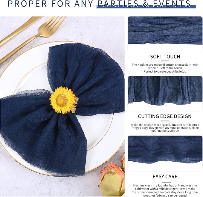 100 Pieces Cloth Napkins Navy Blue Dinner Cheesecloth Napkins for Wedding,Wrinkled Cloth Napkins Bulk for Home Party Rustic Table Decoration, 17 x 17 Inch - Image 3