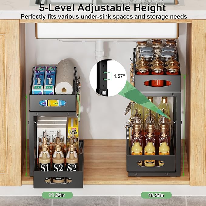 2-Pack Under Sink Organizer, 2-Tier Pull Out Cabinet Storage, Black | Rustproof Carbon Steel, Mesh Sliding Drawers, 5-Level Height Adjustable to Bypass Pipes, for Kitchen, Bathroom, Laundry - Image 6