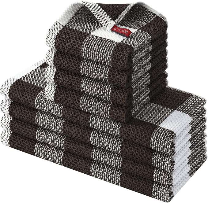 Homaxy Kitchen Towels and Dishcloths Set, Set of 8, White & Dark Brown | Bulk Cotton Waffle Weave Check Plaid Kitchen Towels, Super Soft and Absorbent Dish Cloths, 12 x 12 and 13 x 28 Inches by Homaxy