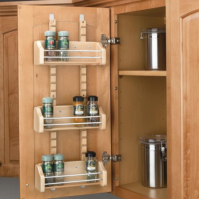 Rev-A-Shelf Wall Storage Organizer for Kitchen Cabinets, Door-Mounted Spice Rack with 3 Adjustable Shelves, Maple Wood, 4ASR-21 - Image 2