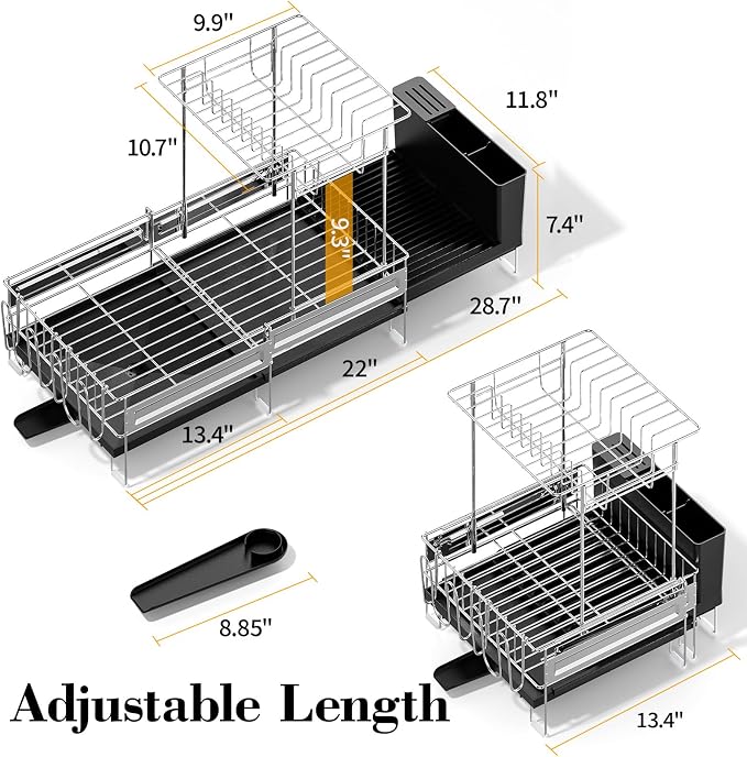 Delamu 2 Tier Dish Drying Rack, Large Dish Racks for Kitchen Counter, Stainless Steel Multifunctional Dish Drainer with Cutlery & Cup Holders, Extendable from 13.4 to 28.7 in, Black - Image 5