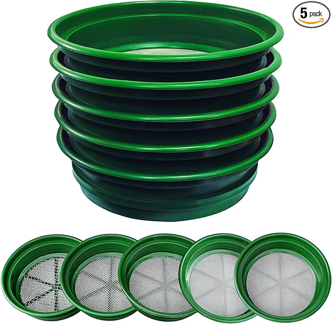 SE 13.25 Inch Wide Stackable Classifier Gold Prospecting Pan Set - Includes 1/2" 1/4" 1/8" 1/12" and 1/20" Stainless Steel Mesh Sifting Pans, Green, 5 Pack by SE
