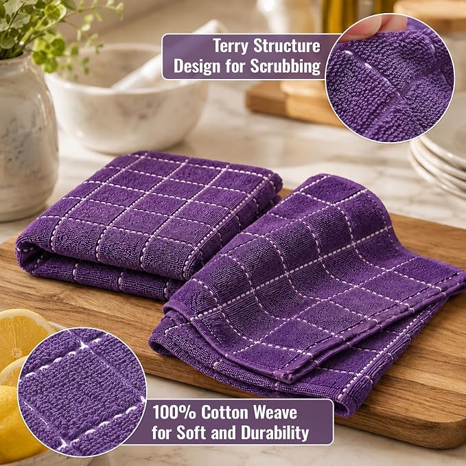 Kitinjoy 100% Cotton Terry Kitchen Towels, 13”x 28”, 8-Pack, Purple | Checkered Designed, Ultra Soft Absorbent Quick Drying Dish Towels - Image 2