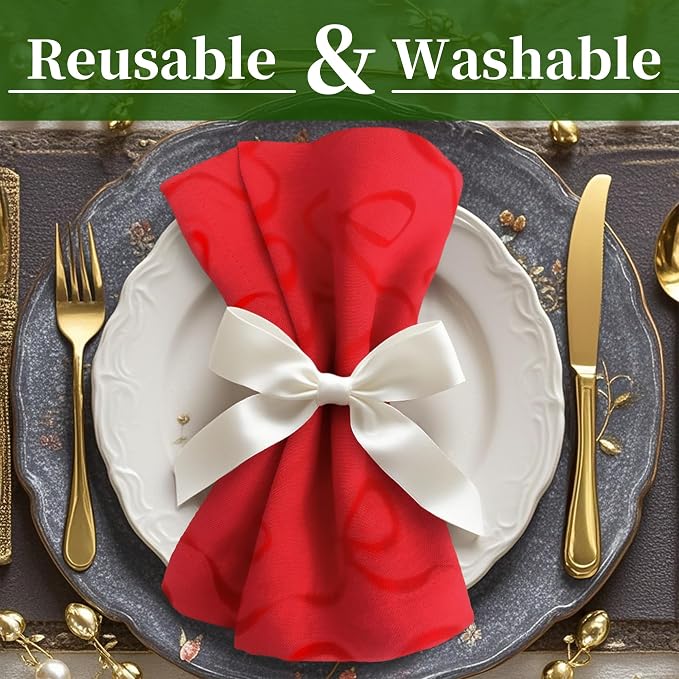 Red Napkins Cloth Pack of 12, Square Napkins 18"x18" - Cotton & Polyester | Wrinkle/Fade Resistant - Reusable Napkins Washable, Christmas Table Napkin for Wedding, Dinner & Party, Bow Jacuqard - Image 2