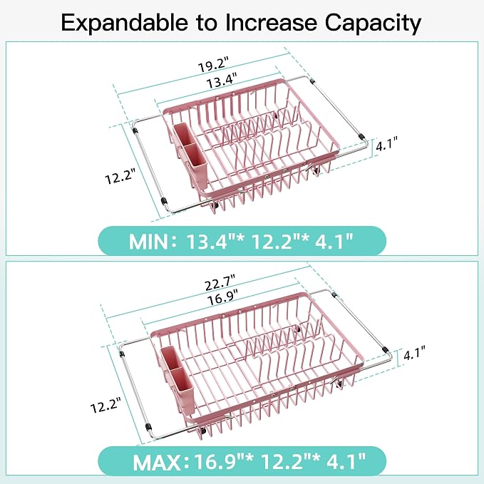 JASIWAY Pink Dish Drying Rack Over the Sink with Utensil Holder | Expandable Stainless Steel Dish Driainers for Small Kitchen, Counter Space Saving, Fast Drain, Rust Resistant, For Apartment - Image 4