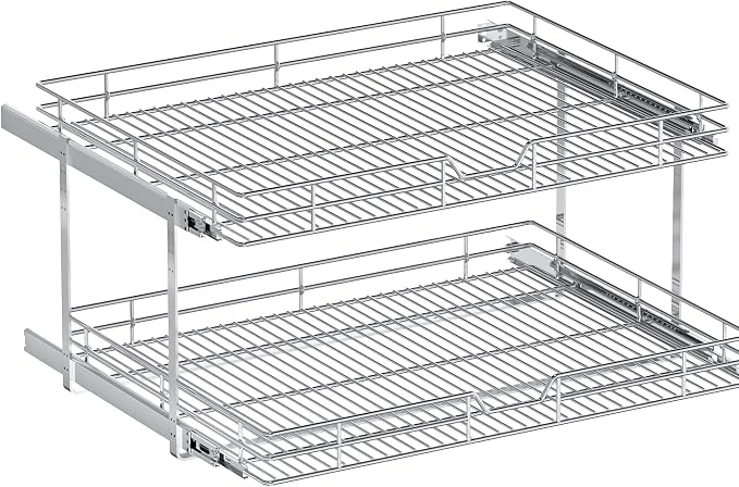 2-Tier Pull Out Cabinet Organizer, 30" W x 21.5" D, Heavy Duty Dual Slide Out Shelves for Wide Base Cabinets, Chrome Wire Basket Drawer for Pots, Pans, Pantry & Cleaning Supplies - Image 9