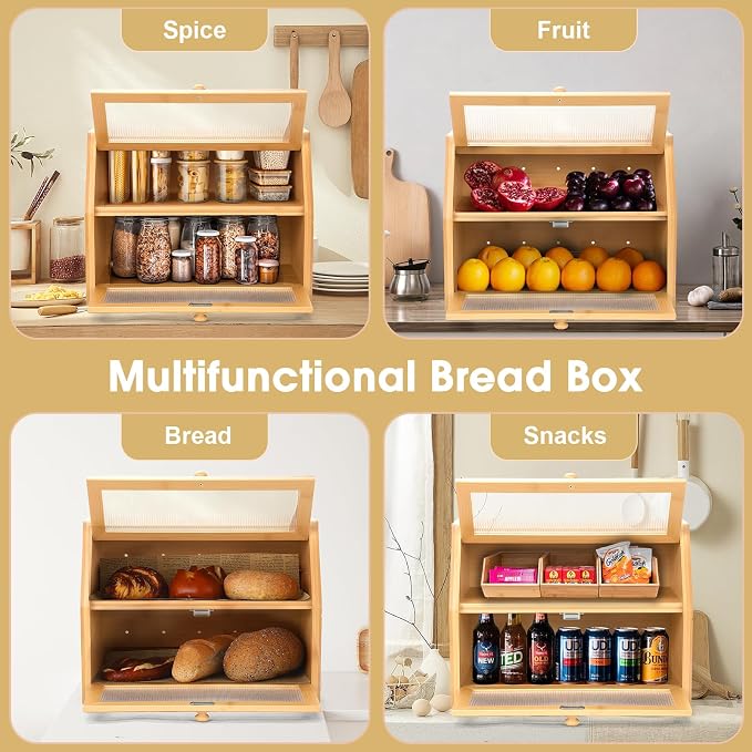 Large Bread Box for Kitchen Countertop, Wooden Bread Bin with Double Layer Storage and 0.6-inch Thick Natural Wood Panels, Rustic Bread Box Organizer for Kitchen (Natural Wood) - Image 6
