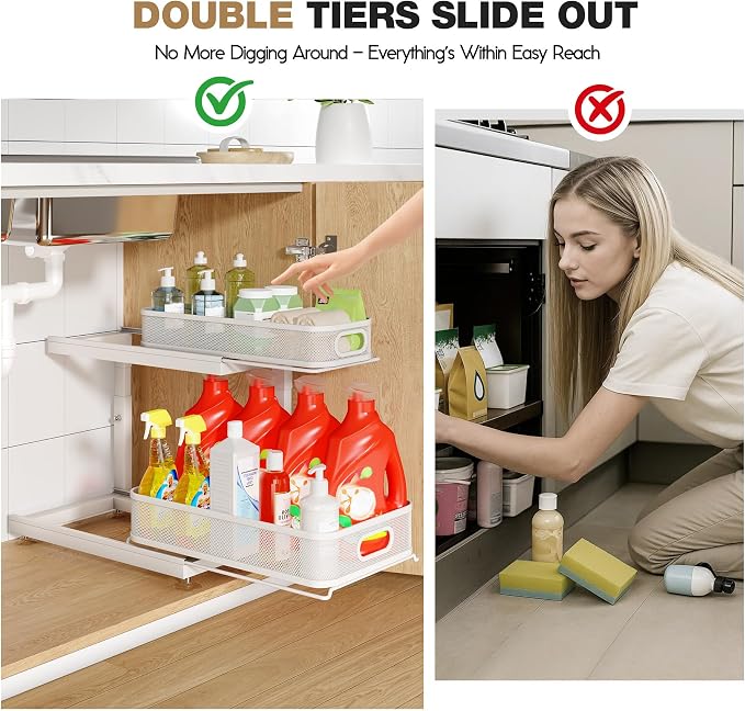 2-Pack Under Sink Storage Organizer with 2-Tier Slide Out Drawer, Sophisticated Mesh Pull Out Shelf for Kitchen & Bathroom, Fits Small Items, Upgraded Arched Track for Smooth Gliding(Patented) - Image 4