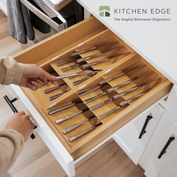 Slanted Cutlery & Flatware Organizer, 2 Pack, Bamboo | 3-compartment slanted design, labeled slots, non-slip feet, sustainable bamboo - Image 2
