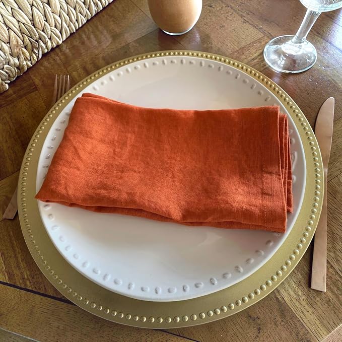 Linen Napkins –100% French Flax – Stonewashed Pure Linen Cloth Napkins - Size 18 Inch x 18 Inch – Set of 4 (Sunset Orange) - Image 2