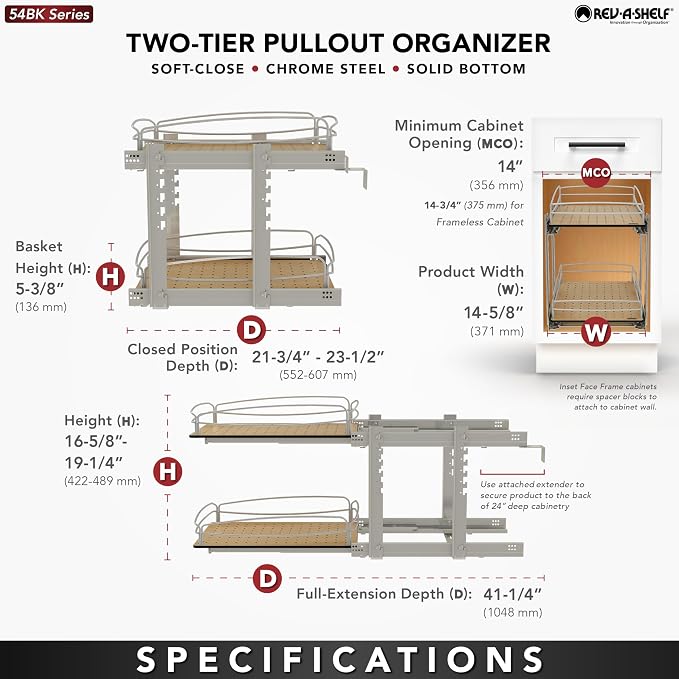 Rev-A-Shelf 2 Tier Pull Out Kitchen Cabinet Storage Organizer with Solid Bottom & Undermount Soft-Close Full Extension Slides, Min Opening Width of 14", 54BK-15SC-2-1 - Image 4