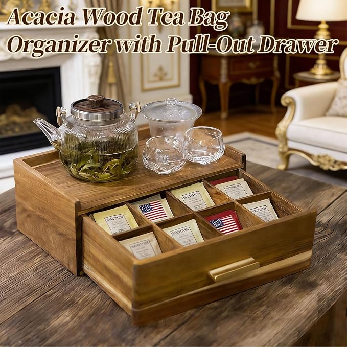 Acacia Wood Tea Bag Organizer with Drawer | Tea Organizers and Storage Box, Pull-Out Teabag Holder Container, For Countertop, Tea Station Chest - Image 4
