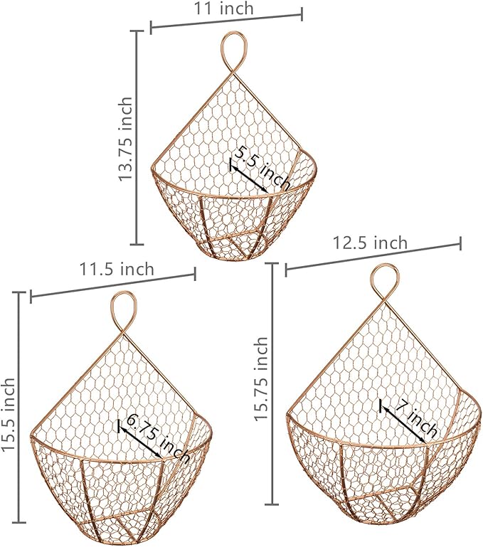 MyGift Set of 3, Farmhouse Copper Metal Wire Mesh Wall Hanging Baskets, Wall-Mounted Storage Basket, Decorative Kitchen Fruit Wall Basket Produce Holder - Image 4