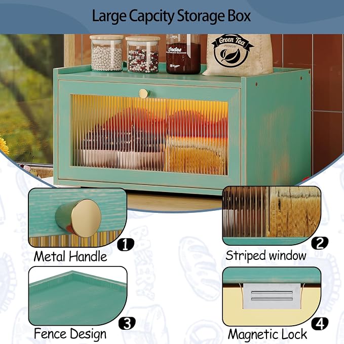 Trironsun Bamboo Bread Box with Led Light for Kitchen Counter Large Capacity Bread Storage Container Kitchen Countertop Organizer with Window Bread Holder (Antique Blue) - Image 9