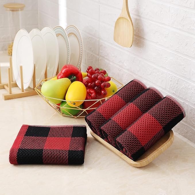 Homaxy Kitchen Towels and Dishcloths Set, Set of 10, Black & Red | Bulk Cotton Waffle Weave Check Plaid Kitchen Towels, Super Soft and Absorbent Dish Cloths, 12 x 12 and 13 x 28 Inches - Image 8