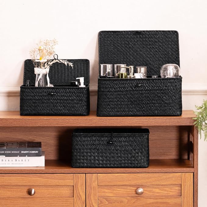 Nonam Storage Basket with Lid, Natural Seagrass Bin with Lid Set of 3, Shelf Baskets Multipurpose Container for Boho Decoration, Rectangular Household Storage Boxes for Home Organization-Black - Image 5