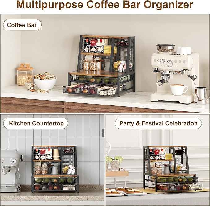 TQVAI Coffee Bar Organizer, Maximize Small Countertop Space, 70 Standard Capsules Capacity with Sliding Pods Drawer, 4-Tier Coffee Station Organizer for Home Kitchen Office Commercial - Image 5