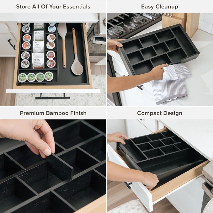 Tea Bag & Coffee Pod Organizer, 9.7-17 in, Black Bamboo | 10 storage compartments, adjustable wall inserts, non-slip feet, food-safe - Image 3