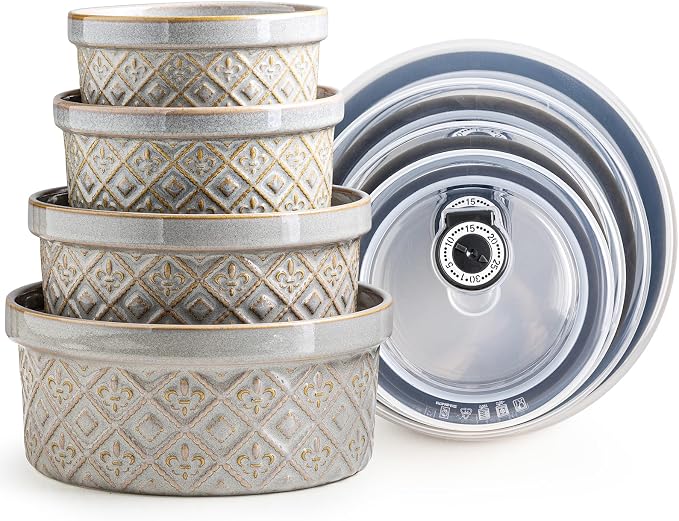 Ceramic Mixing Bowls with Lids Set of 4, Embossed Nesting Storage Bowls for Cooking, Serving, Salad, Popcorn etc, Microwave and Dishwasher Safe, Baking Dishes 12/16/28/40 oz (Gray) by MISSYSSIM