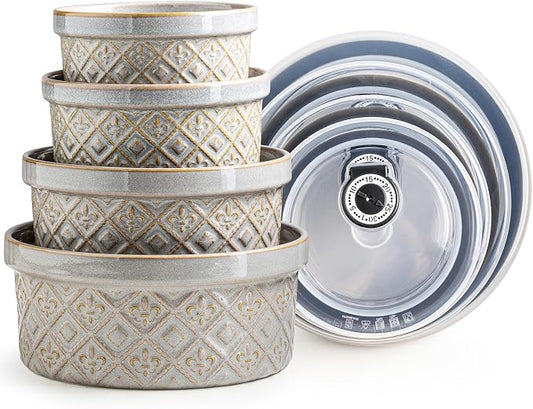 Ceramic Mixing Bowls with Lids Set of 4, Embossed Nesting Storage Bowls for Cooking, Serving, Salad, Popcorn etc, Microwave and Dishwasher Safe, Baking Dishes 12/16/28/40 oz (Gray) by MISSYSSIM