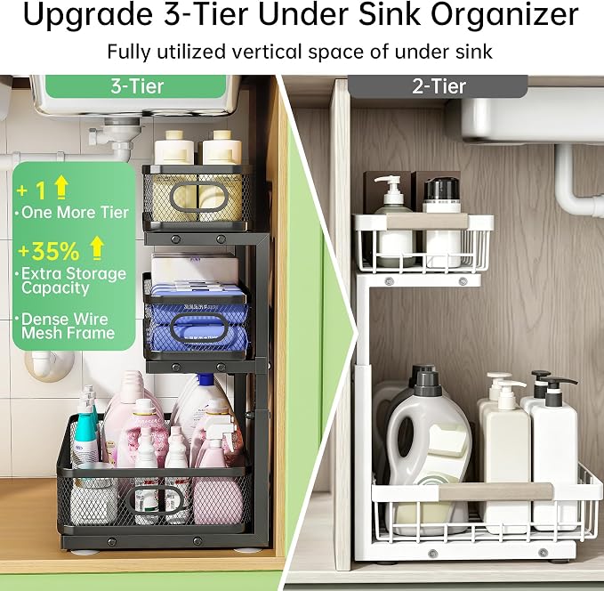 3-Tier Under Sink Organizer, Pull Out Cabinet Organizer for Kitchen & Bath | Height Adjustable, Heavy Duty Carbon Steel Holds 60 lbs, Rust-Proof Fits Kitchen Cabinet, Bathroom, Pantry & Laundry - Image 4