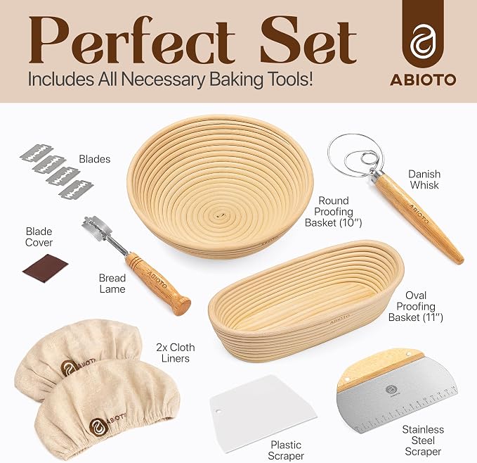 ABIOTO Sourdough Bread Baking Kit - 14-Piece Set with 10" Round & 11" Oval Rattan Banneton Proofing Baskets, Liners, Bread Lame, Danish Whisk & Scrapers for Home Bakers - Image 2