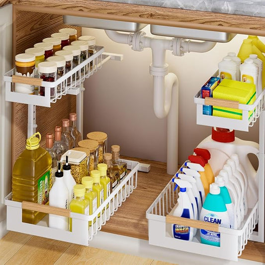 2 Pack Under Sink Organizer, 2 Tier Pull Out Cabinet Organizer with 5-Level Adjustable Height, Sliding Metal Storage Rack for Kitchen Bathroom Pantry, White by GUUKAR