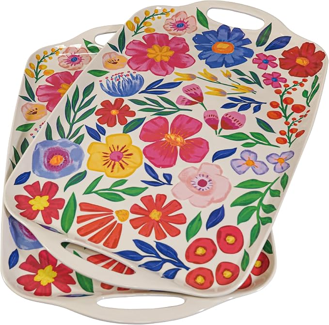 TP Large Melamine Serving Trays with Handles, 19" x 12", Set of 2, Floral | Rectangular Trays, Serving platters, Turkey and Party Serving, Lightweight, Break-resistant by TastePrime