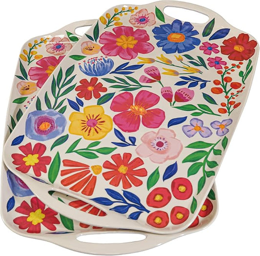 TP Large Melamine Serving Trays with Handles, 19" x 12", Set of 2, Floral | Rectangular Trays, Serving platters, Turkey and Party Serving, Lightweight, Break-resistant by TastePrime