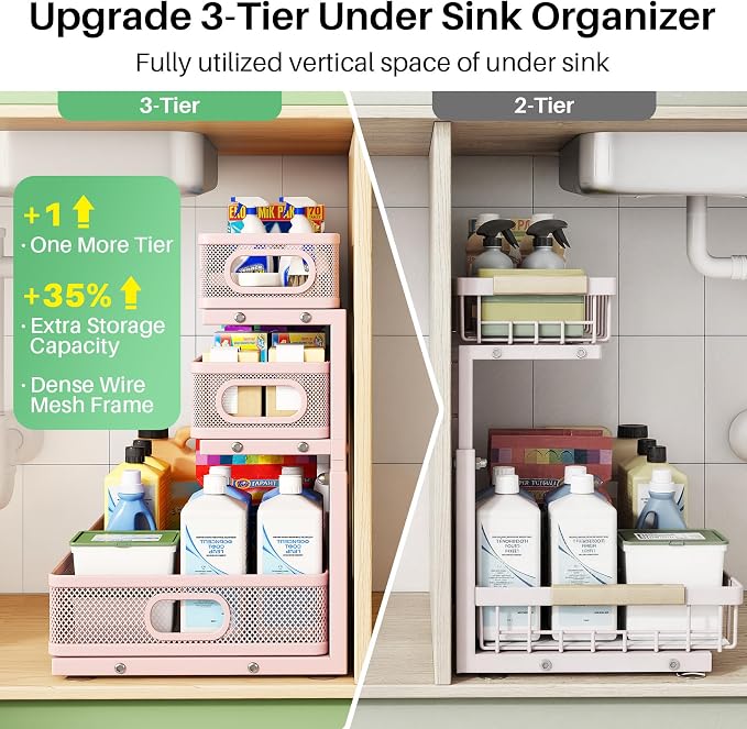 Kitstorack Under Sink Organizer, 1-Pack 3-Tier Height Adjustable Thickened Metal Pull out Cabinet Organizer Shelf, Slide out Storage Drawer Rack for Bathroom Kitchen Pantry Home Organization, Pink - Image 3