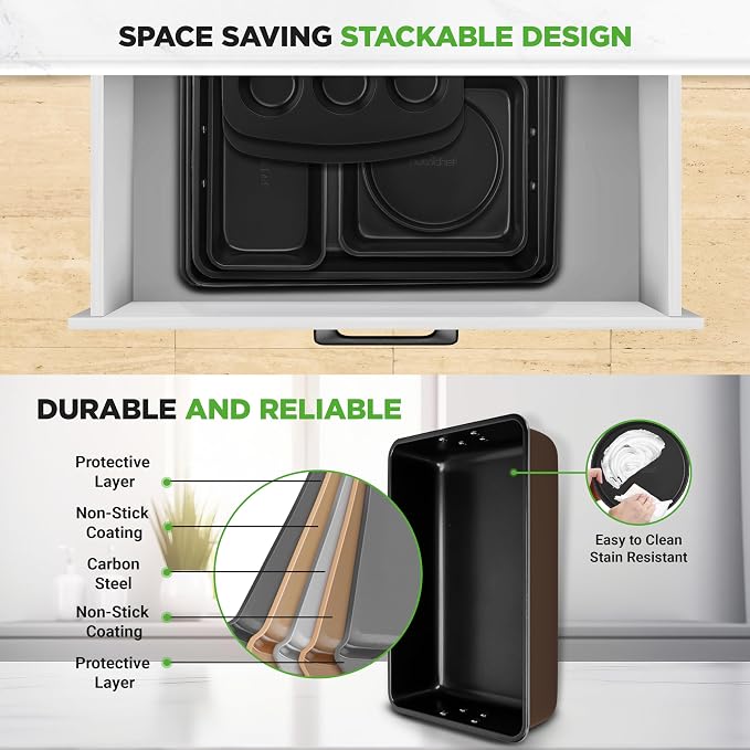 NutriChef 8-Piece Nonstick Stackable Bakeware Set – Non Toxic Carbon Steel Baking Trays W/Cookies Sheet Muffin, Loaf, Cake, Round & Square Pan – Easy To clean & Easy to Release, Oven Safe – Brown - Image 4