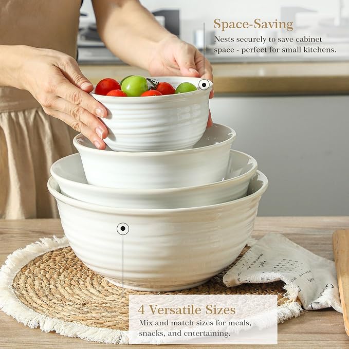 Hasense Porcelain Mixing Bowls, 2.8/2.1/1.0/0.5 Qt, Handmade Large Salad Serving Bowls for Kitchen, Deep Nesting Dishes for Cooking and Baking, Microwave Dishwasher Safe, Clay-Infused White - Image 4