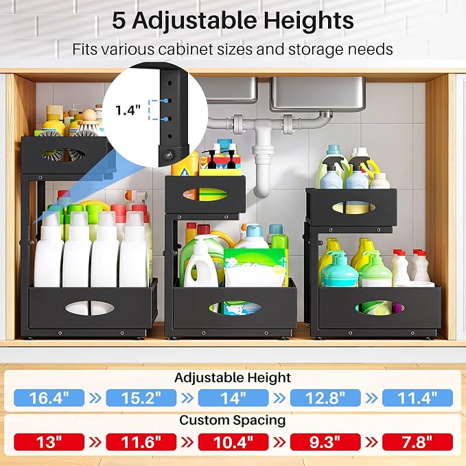 Under Sink Organizer, 2 Pack 2 Tier Pull Out Under Cabinet Organizer Shelf with Pad for Framed Cabinets, Metal Slide Out Under Sink Storage, Mesh Sliding Drawers for Kitchen Bathroom Laundry, Black - Image 6