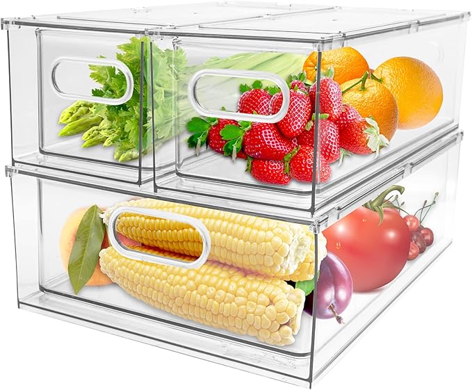 3 Pack Refrigerator Organizer Bins with Pull-out Drawer Stackable Clear Fridge Drawer Organizer Fruit Vegetable Storage Containers for Kitchen Pantry Organization (1 Large+2 Small) by GREENBY