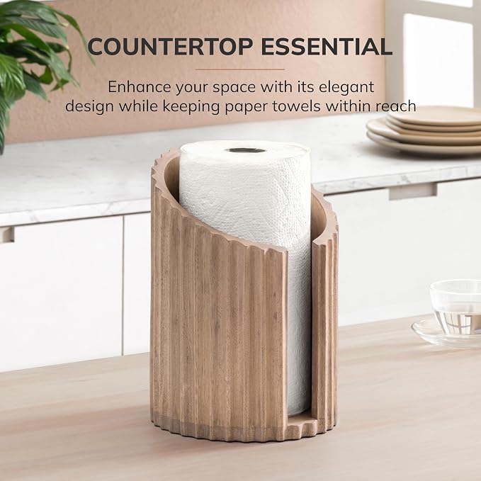 Anji Mountain Wooden Paper Towel Holder with Metal Holder, Holder Stand for Kitchen Roll Organizer & Kitchen Dining Table Home Décor, Countertop Fits Jumbo & Mega Rolls - Biscotti/Nickel, Fluted - Image 6