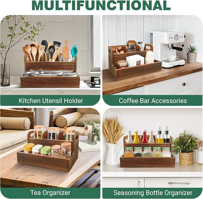 Kitchen Utensil Holder for Countertop with 3 Compartments，Acacia Wood Utensil Holder Cooking Spatula Organizer Large Cutlery Organizer for Kitchen Countertop Farmhouse Kitchen Decor - Image 8