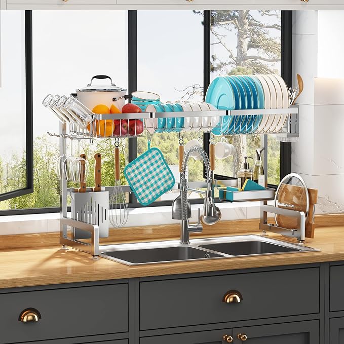 Over The Sink Dish Drying Rack with Cup and Utensil Holder | 2 Tier Stainless Steel,Expandable,Rust Proof Metal,Space Saving,Big Capacity Plate Drainer Above Kitchen Counter,Silver by Boosiny