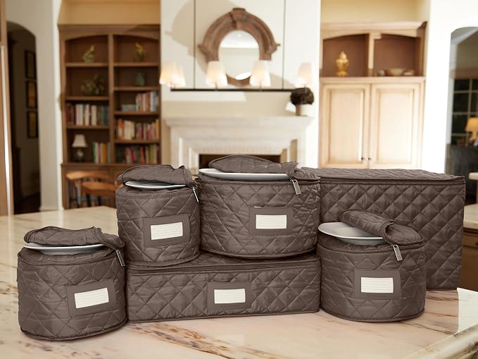 Covermates Keepsakes Dish Storage Set – Padded China & Dinnerware Storage Cases with Dividers, Cup & Stemware Storage, Quilted Polyester Protection, ID Window, Bronze - Image 7