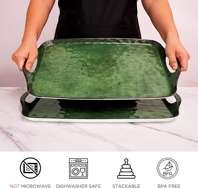 TP Melamine Serving Trays with Handles, 17” x 12”, Set of 2, Retro Green | Rectangular Trays, Serving Platters for Food and Meat, Dishwasher Safe, Lightweight, Break-resistant - Image 3