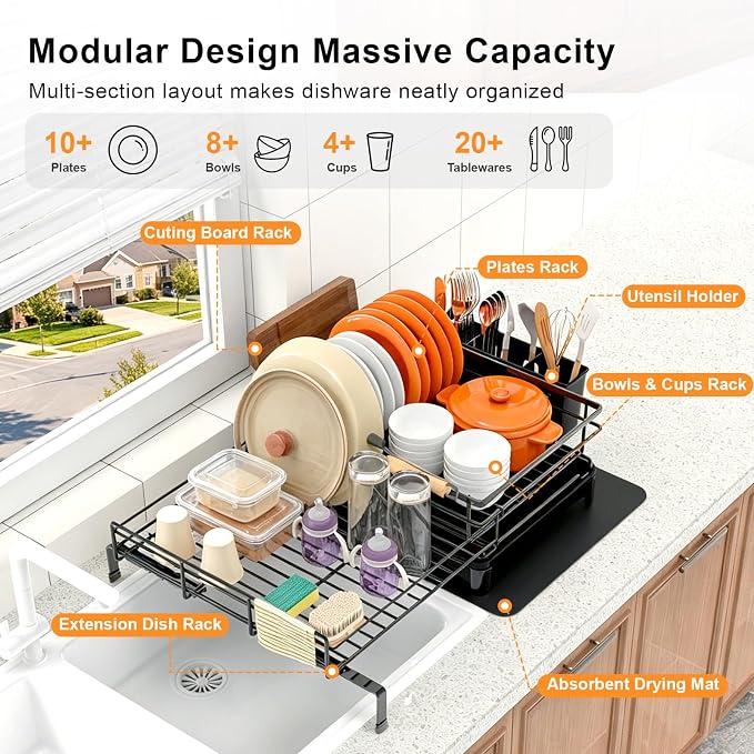 4-in-1 Expandable Dish Drying Rack, Modular Organizer, Rustproof | Extra Large Dish Racks for Kitchen Counter, Tool-Free Dish Drainer with Self-Draining Tray, Foldable Over the Sink Dish Rack - Image 2